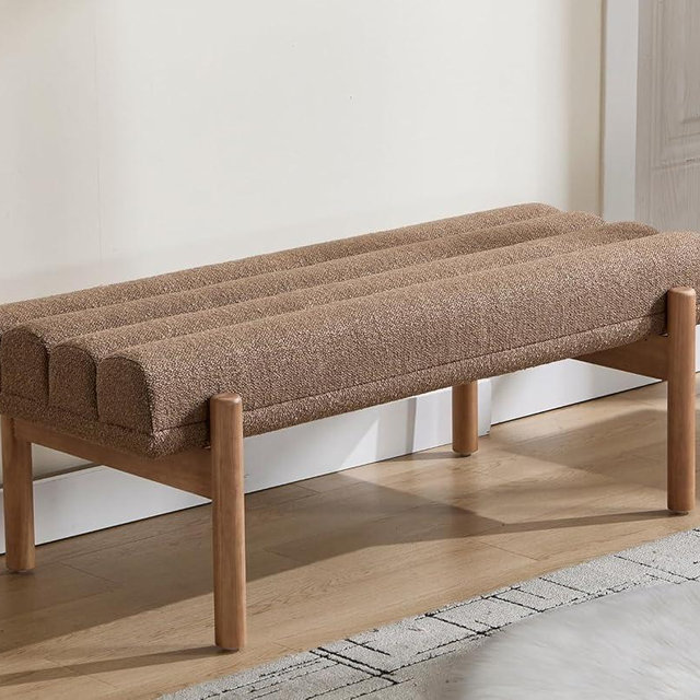 EALSON 47 Inch Entryway Bench Fabric Upholstered End of Bed Bench Modern Bedroom Bench with Cylindrical Cushion and Solid Wood Frame Comfy Chenille Long Ottoman Bench for Bedroom Living Room, Brown