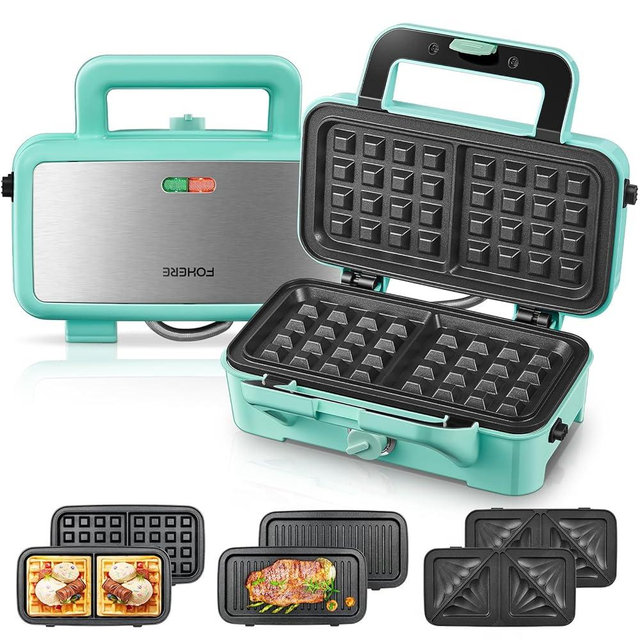 FOHERE Waffle Maker 3 in 1 Sandwich Maker 1200W Panini Press With Removable Plates and 5-gear Temperature Control, Non-stick Coating Easy to Clean,Indicator Lights, Blue