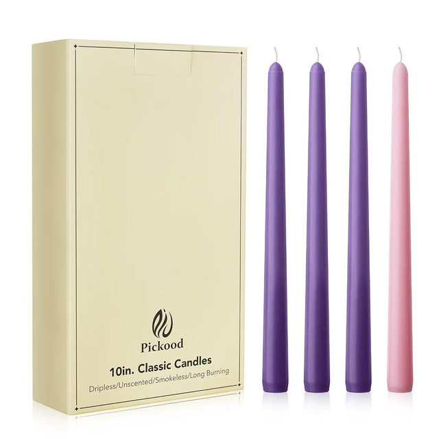 Pickood 10-Inch Tall Dripless Advent Candles Set of 12, Tapered Candles, Perfect for Christmas - Smokeless, Unscented, Long Burning - Hand Poured, Colored Tall Candlesticks - Pink and Purple