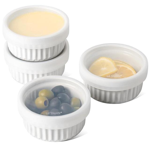 LE TAUCI Ramekins with Lids, [2nd Gen] 4 oz Oven Safe Creme Brulee Ramekin Souffle Dishes with Covers, Stackable Ceramic Bowls for Baking, Pudding, Serving Dip, Custard, Ice Cream, Set of 4, White