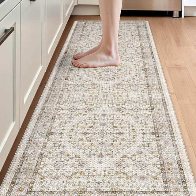 DEXI Kitchen Floor Mats Cushioned Anti Fatigue, 23x86 Long Wide Standing Comfort Runner Rug, Waterproof Retro Floral Memory Foam Padded for Front Sink Laundry, Beige/Ivory