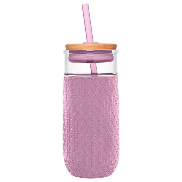 Ello Devon Glass Tumbler with Splash Proof Wooden Lid and Straw, Protective No Sweat Silicone Sleeve, Perfect for Smoothies and Iced Coffee, BPA Free, Dishwasher Safe, Rose, 18oz
