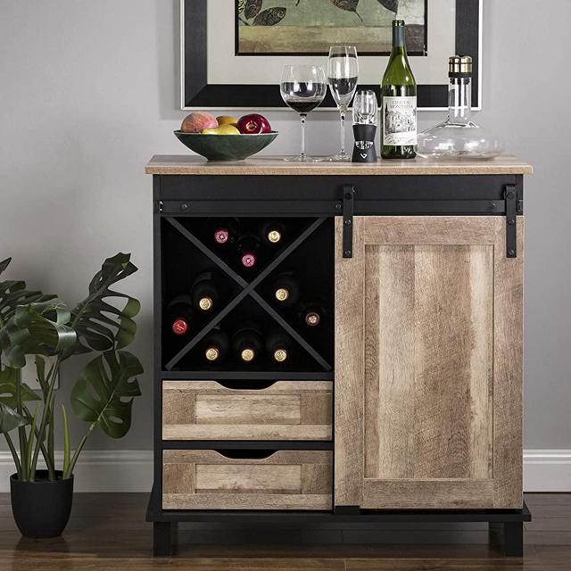 Glitzhome Wood Rustic Wine Cabinet 2-Piece Bar Cabinet with Wine Storage 31.5”L Sideboard Table with Drawers Wood Sideboard with Wine Display for Kitchen Dining Room