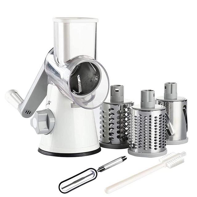 Tevokon Rotary Cheese Grater Round Mandoline Multi Blade Slicer with Non-slip Suction Base, 3 Blades Vegetable Slicer Food Chopper Nuts Grinder Cheese Shredder With Brush Peeler White