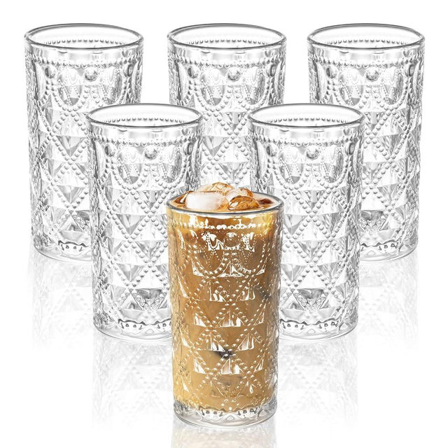 DUBLEYONG Vintage Diamond-Pattern Drinking Glasses Set of 6 – 14 oz Clear Highball Glass Cups – Embossed Retro Glassware for Water, Cocktails, Juice, Milk – Durable Thick Glass, Dishwasher Safe