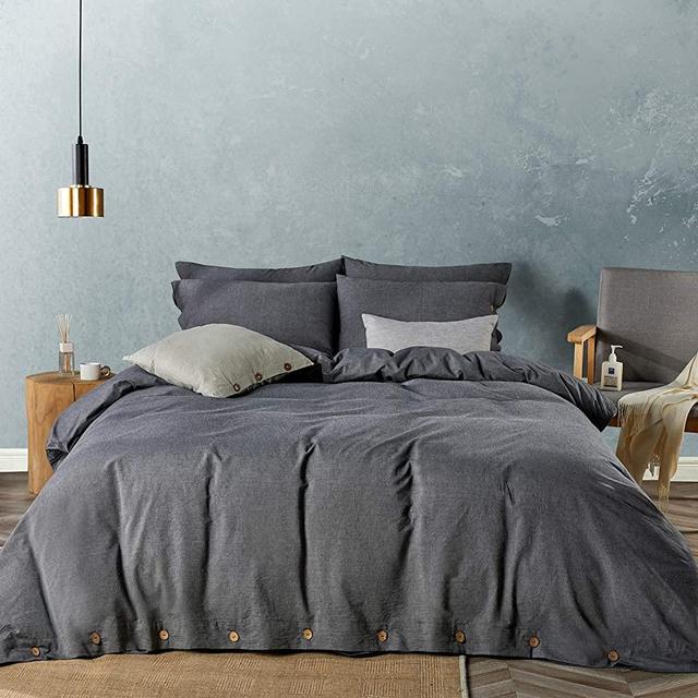 JELLYMONI Black 100% Washed Cotton Duvet Cover Set, 3 Pieces Luxury Soft Bedding Set with Buttons Closure. Solid Color Pattern Duvet Cover King Size(No Comforter)