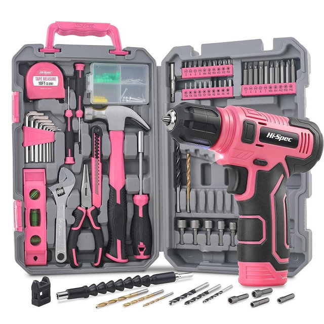 Hi-Spec Pink Tool Set with 8V Drill Set. Complete Cordless & Rechargeable USB Electric Drill Driver Kit for Women, Home DIY Repair & Maintenance, in a Compact Toolbox.