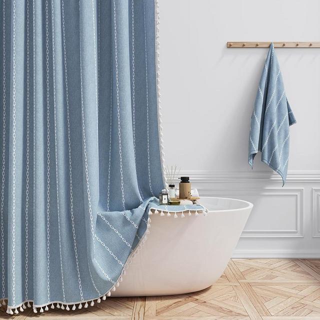 BTTN Extra Long Shower Curtain, 72x84 Inch Long Boho Tassel Linen Fabric Thick Shower Curtain Set with Plastic Hooks, Large Modern Farmhouse Country Decorative Cloth Shower Curtain for Bathroom, Blue