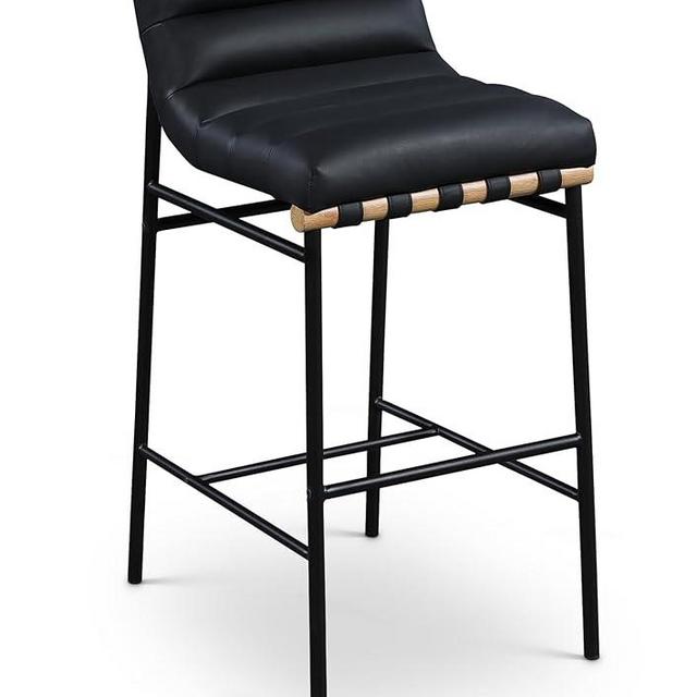Meridian Furniture 846Black-C Burke Collection Modern | Contemporary Bar Stool with Soft Black Vegan Leather, Matte Black Metal Frame, White Oak Veneer Metal Dowel, 18" W x 24" D x 40.5" H, Black