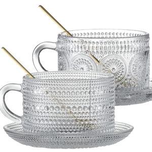 Vintage Coffee Mugs with Saucers 14 Oz Set of 2