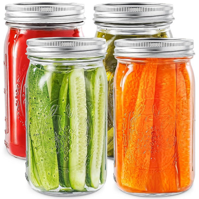 Miuyhji Wide Mouth Mason Jars 32 oz with Lids [4 Pack], Canning Jars with Metal Airtight Lids and Bands, 32 oz Glass Jars for Fermenting, Pickling, Freezing, Preserving, Meal Prep, Jar Décor