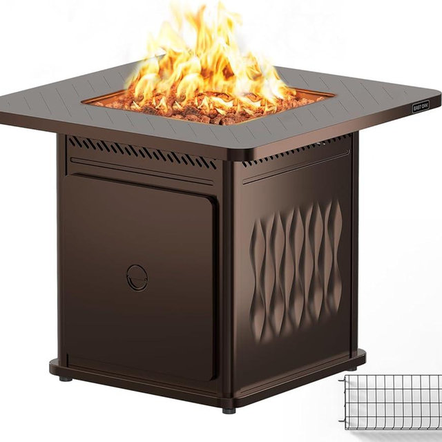 EAST OAK 32'' Propane Fire Pit Table, 50,000 BTU Steel Gas FirePit for Outdoor, Outside Patio Deck and Garden, CSA Certified Fire Table with Magnetic Lid, Cover-Storage Basket and Lava Rock , Brown