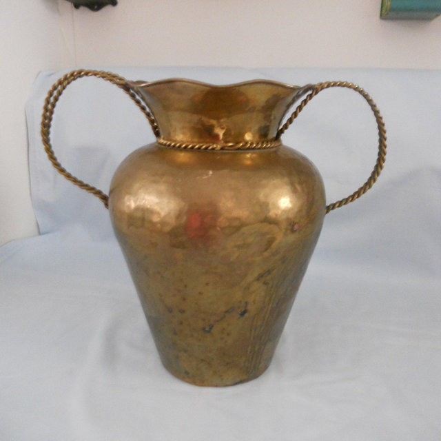 Vintage Brass Vase Double Twist Handles Scalloped Rim 11"