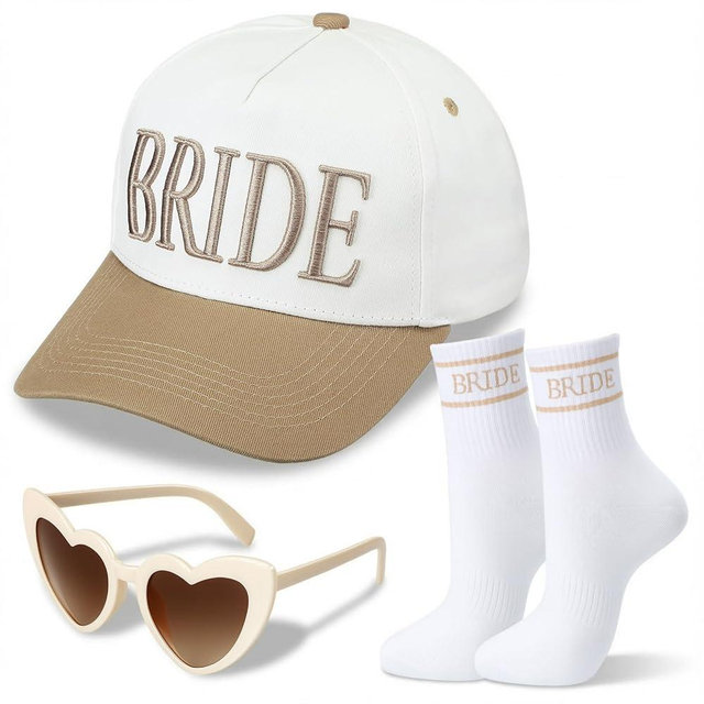 Janmercy 3 Pcs Bride Cap Gifts, Bride Trucker Hat and Heart Sunglasses Socks for Bridal Shower Wedding Bachelorette Party
