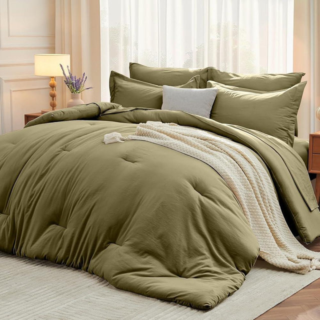 MUXHOMO 7 Pieces California King Comforter Set, Soft Bed in a Bag Cal King Size, All Season Bedding Set with Comforter, Flat Sheet, Fitted Sheet, Pillowcases & Shams, Olive Green