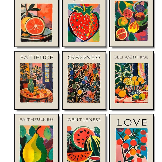 9Pcs Fruit of the Holy Spirit Wall Art Bible Verse Canvas Poster Print Inspirational Fruit Painting Pictures Christian Wall Decor for Bedroom Classroom School 8x10in Unframed