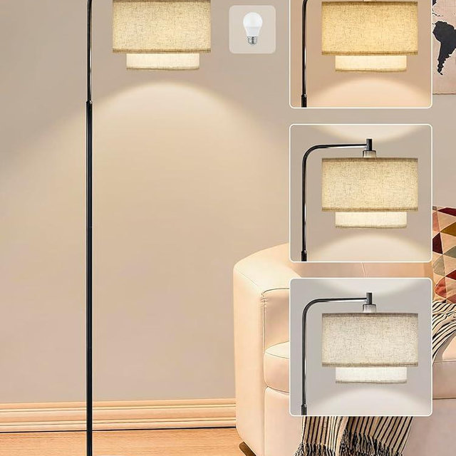 64" Modern Floor Lamp for Living Room Bedroom, Arc Floor Lamp with 3 Color Temperatures, Standing Lamp with Double Oatmeal Linen Lampshade, Tall Lamp with A19 12W LED Bulb, Foot Switch Control, Black