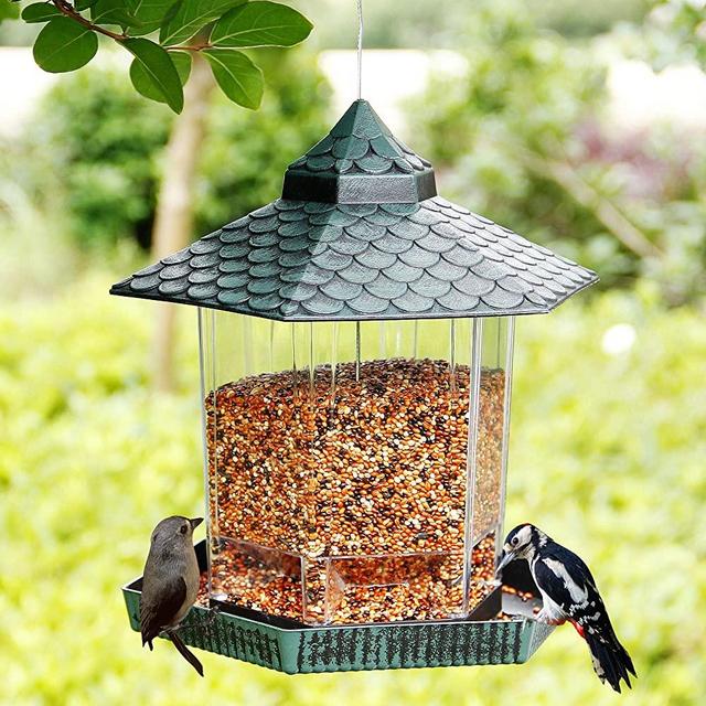 Twinkle Star Wild Bird Feeder Hanging for Garden Yard Outside Decoration, Hexagon Shaped with Roof, Green
