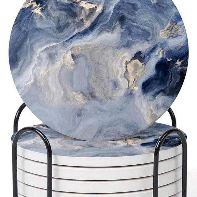 Hoomey Set of 6 Abstract Navy Blue Marble Coasters with Holder, Absorbent Ceramic Drink Coasters for Table Protection, Housewarming Gifts for New Home