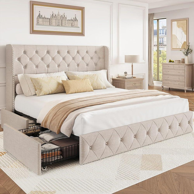 BRELTAM King Size Bed Frame with Storage Drawers and Wingback Headboard Linen Upholstered Platform Bed Frame Tufted Beds with Heavy Duty Wood Slats, Noise Free, Easy Assembly, Beige