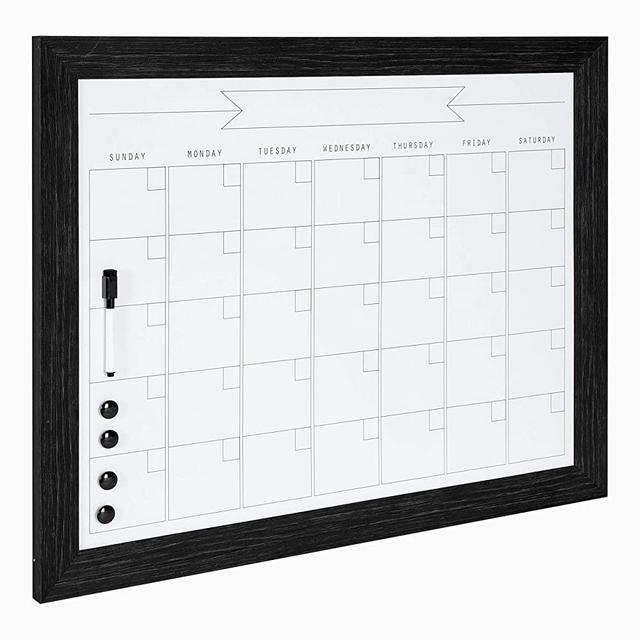 DesignOvation Beatrice Framed Magnetic Dry Erase Monthly Calendar, 23" x 29", Black, Rustic Wall Organizer