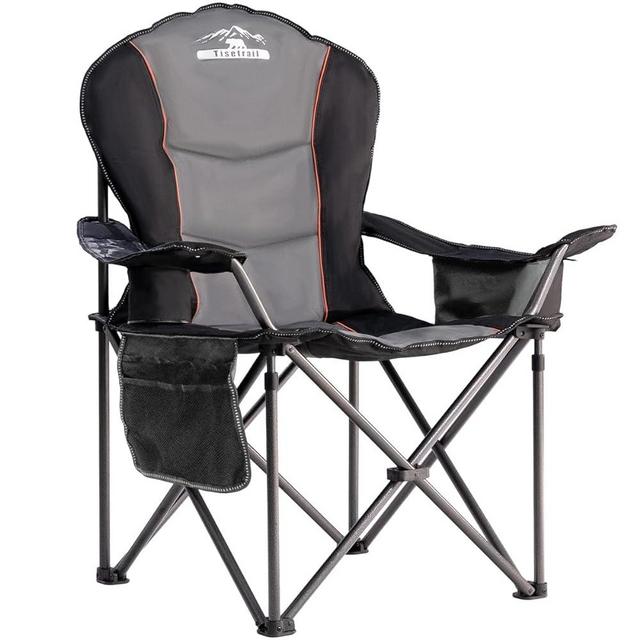 Tisetrail Oversized Camping Chair Folding Chair with Cooler Padded Outdoor Chairs Heavy Duty Support 500 LBS Steel Frame Collapsible Arm Chair with Cup Holder Black&Gray