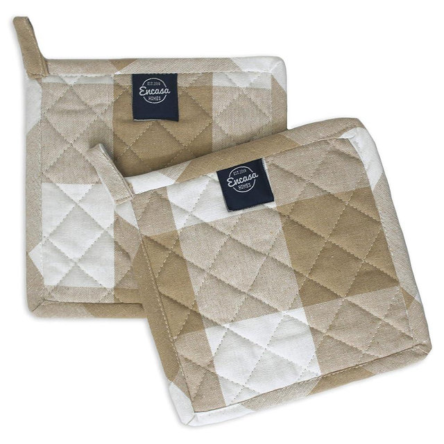 Encasa Homes 8 inches Oven Microwave Potholders (2 pc Set) for Kitchen Cooking & Baking - Heat Resistant, Thick & Safe, Protection of Hands from Hot Utensils - Buffalo Beige Checks