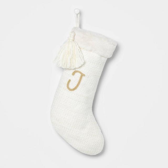 Luxe Knit Monogram Christmas Stocking White/Gold Letter J - Wondershop™
