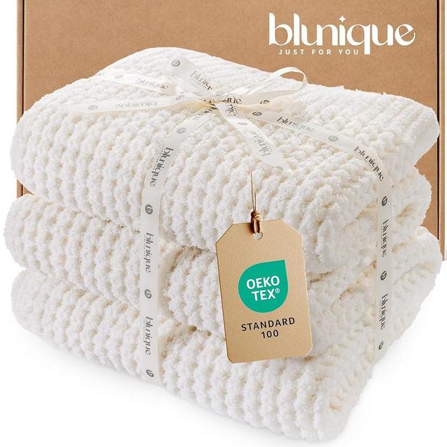 blunique Waffle Knit Throw Blanket, Luxury Cozy Chunky Knit Throw Blanket for Couch, 50 x 60 Thick Ultra-Soft Feather Yarn Knitted Blanket for Sofa, Bed, Home Decor - Off White