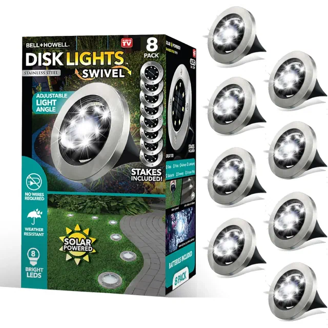 Bell + Howell 8 LED Swivel Solar Powered Disk Lights with Auto On/Off, Adjustable Angle, Walkway Lights - 8 Pack