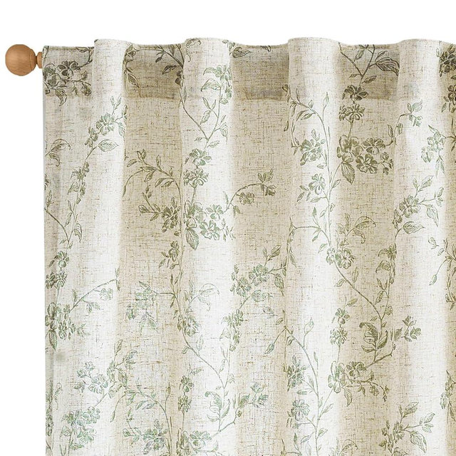 Lazzzy Green Floral Linen Curtains 90 Inch Farmhouse Back Tab Drapes for Living Room Bedroom Light Filtering Vintage Grandmillennial Rod Pocket Curtains, 2 Panels, W38 x L90, Green on Beige