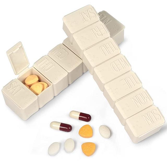 Pill Organizer-Pill Boxes for Travel, 7 Day with Braille Pill case Vitamins Fish Oil Supplements, Medication Organizer Dispenser for Fish Oils, Vitamin Holder Supplement(Beige)