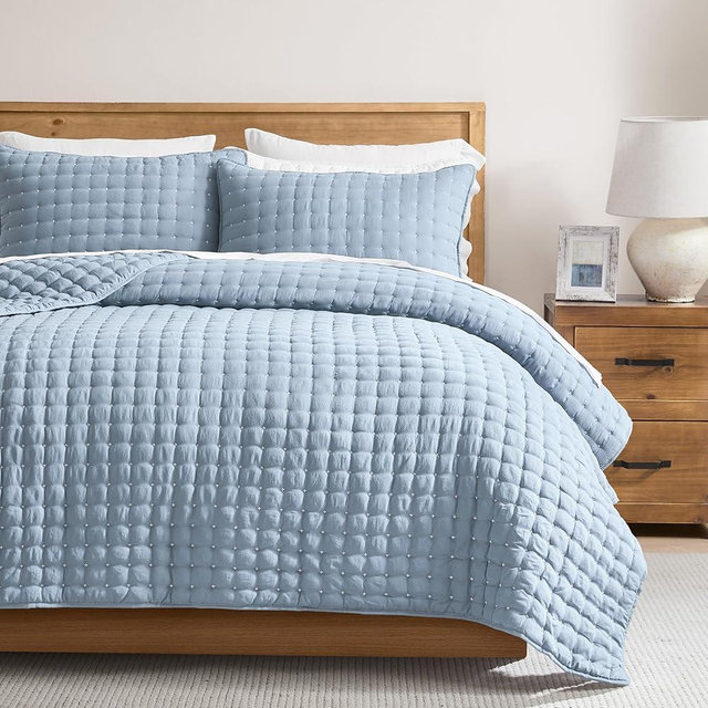 WDCOZY Queen Size Quilts Bedding Sets with 2 Pillow Shams, Lightweight Soft Bedspread Coverlet, Quilted Blanket Thin Comforter Bed Cover for All Season, 3 Pieces, 90x90 inches, Blue