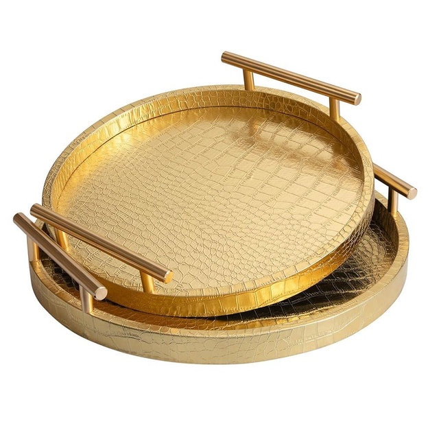 JUMBO HUMBLE Modern Decorative Tray Set of 2, Wooden Round Crocodile Leather Tray with Polished Metal Handles, Decorative Serving Trays Coffee Table Trays Ottoman Platter for Home Decor (Golden)