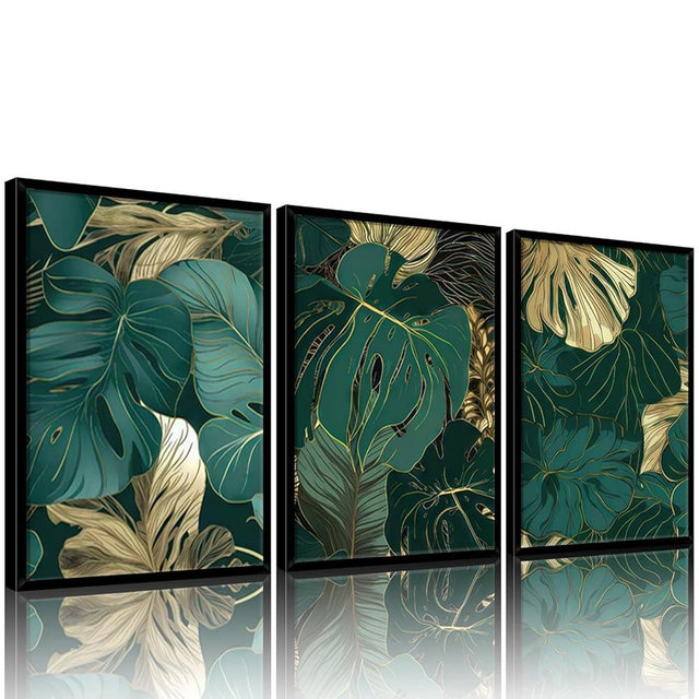 Framed Gold Green Wall Art Set of 3 Tropical Botanical Picture Emerald green Leaf Painting Prints Wall Decor with Black Frame Modern Plant Poster for Living Room Bedroom Bathroom Office 16x24Inch