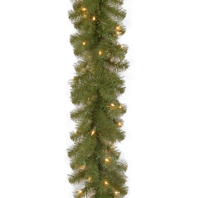 National Tree Company 9 ft Pre-Lit North Valley Spruce Artificial Christmas Garland, Christmas Decoration with 50 LED Lights, 200 Tips, 10 Light Functions, Timer, Green