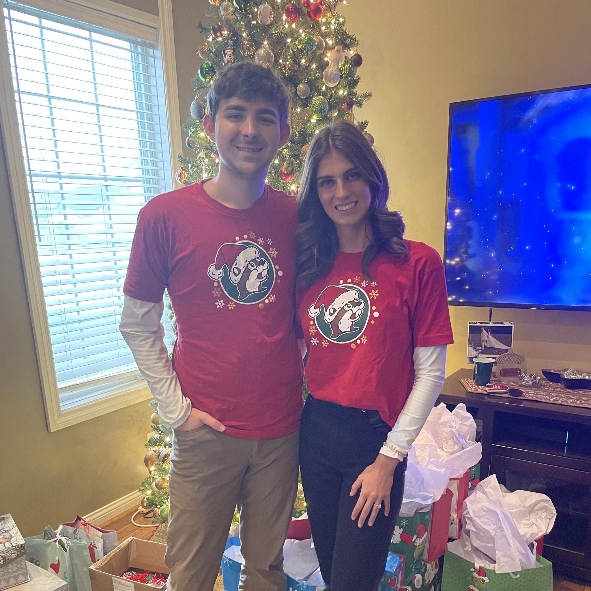 December 2024: 4th Christmas together (Featuring our matching Buccee's shirts)!