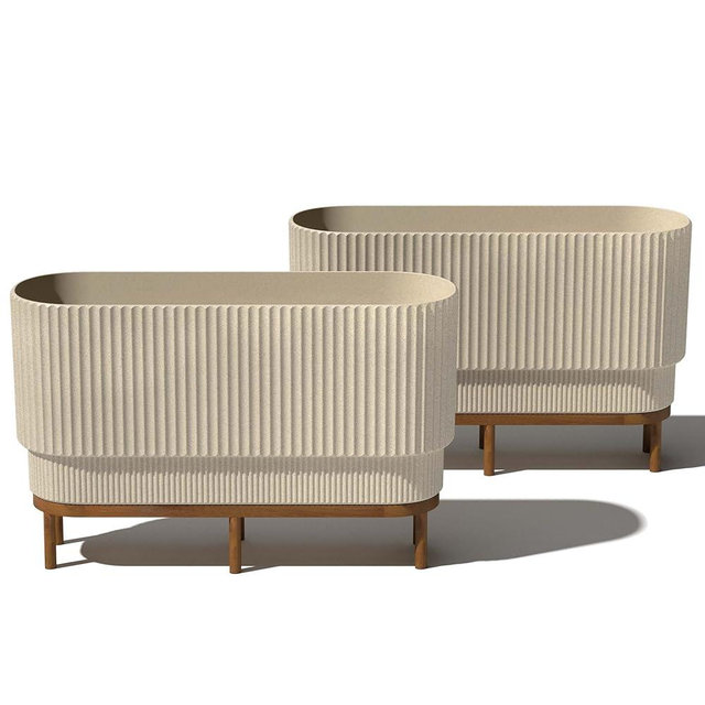 Veradek Demi Series Raised Long Planter for Indoor/Outdoor Use | Made from Plastic & Concrete w/Wooden Stand | Modern Patio Décor for Flowers/Shrubs