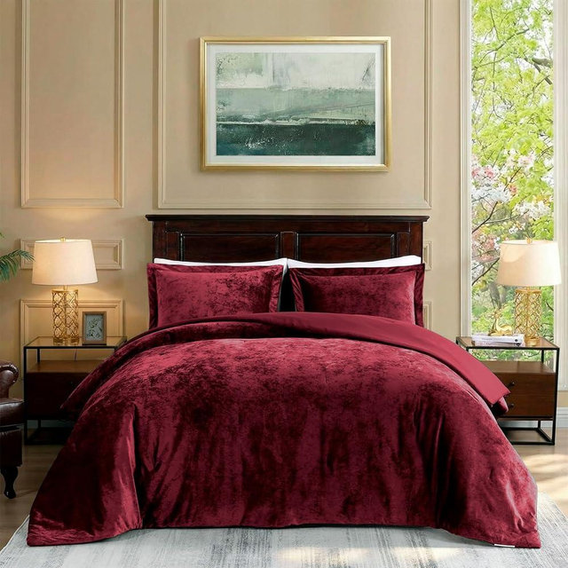TAMGHO Velvet King Size Comforter Set, Luxuriously Soft King Comforter Set, Lightweight Bed Set for All Seasons, Oversized Comforter (108"x96") with 2 Matching Shams (20"x36"), Marron Burgundy