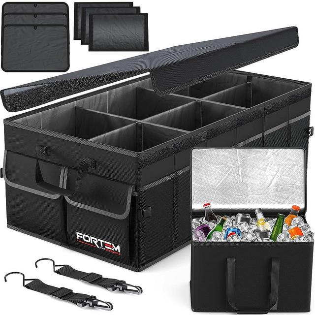 FORTEM Car Trunk Organizer with Cooler, Car Storage Organizer, Collapsible Multi Compartment Car Organizer, SUV Trunk Organizer, Non Slip Bottom, Adjustable Securing Straps, Foldable Cover (Black, X-Large)