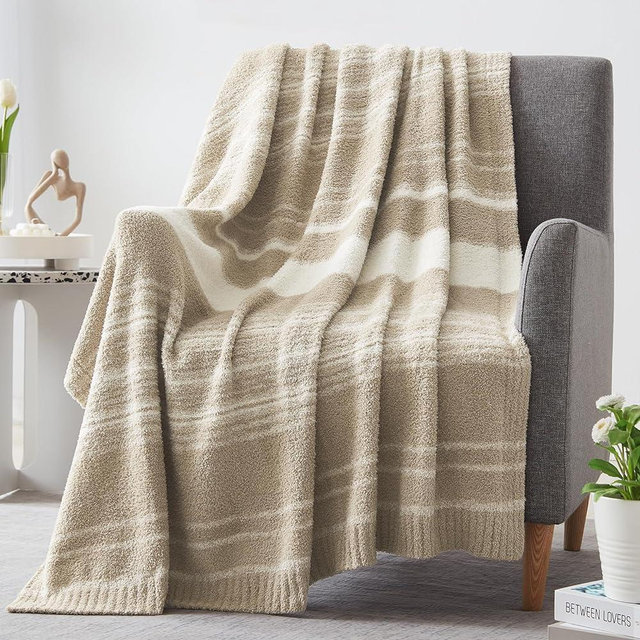 WRENGONGE Khaki Throw Blanket, 50x70 Soft Cozy Microfiber Striped Throw Blankets for Couch, Sofa, Bed, Travel, Lightweight Fluffy Warm Plush Decorative Blankets for Women, Men,Kids Gift