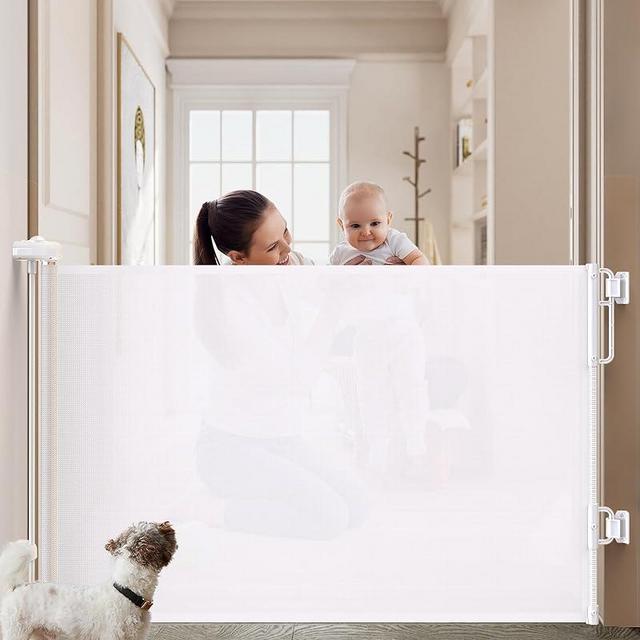 Cumbor Retractable Baby Gates for Stairs, Family & Mom's Choice Awards Winner-Extends up to 55" Wide Mesh Dog Gate for The House, 34" Tall Safety Gates for Doorways,Pet Gate Indoor & Outdoor, White