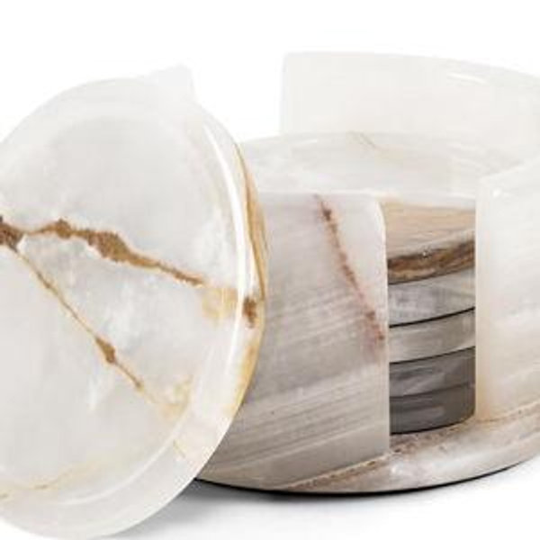 Radicaln Marble Coasters 3.5" Inch Handmade White Onyx Round Stone Coasters with Holder, Marble Coasters Set of 6, Coasters for Drinks, Elegant Home Decor