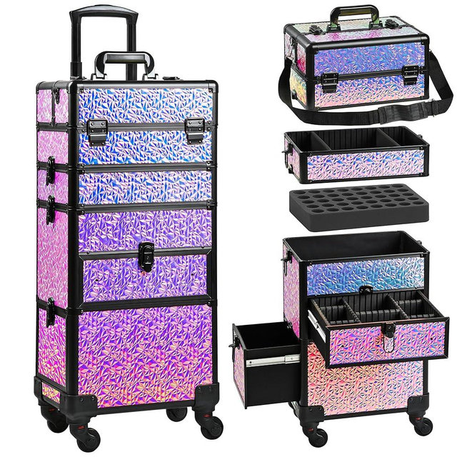 GALHUBIS Makeup Train Case with Drawer, Rolling Makeup Case, Cosmetology Case on Wheels, Gift, Large Makeup Case Organizers, Professional for Salon Barber, Nail, Tattoo, Black Colourful