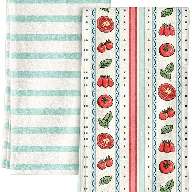 Miss Adola 2 Pack Flour Sack Kitchen Towels - 16x26 Inch Cotton Dish Towels with Hanging Loop Reusable Geometric Boho Modern Retro Tea Towel Absorbent Dishcloths Home Decor, Stripe Fruit