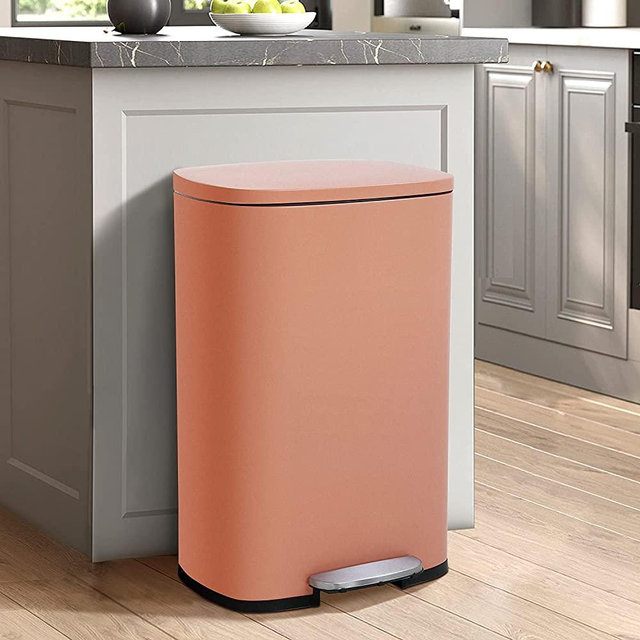 50 Liter / 13 Gallon Kitchen Trash Can with Lid, Stainless Steel Trash Can with Foot Pedal and Plastic Inner Bucket, Fingerprint-Resistant Soft Close Lid Garbage Can, Odor Proof and Hygienic, Pink