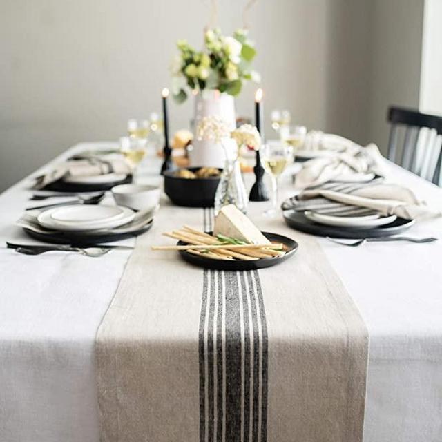 Solino Home Stripe Linen Table Runner – 14 x 60 Inch Farmhouse Black and Natural – Handcrafted Machine Washable Stripe Table Runner – 100% Pure European Flax Linen