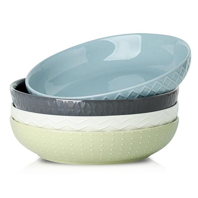 Hasense 9" Large Pasta Bowls, 42 OZ Ceramic Salad Bowls Set of 4 for Serving Pasta, Soup, Salad and Dinner, Embossed Wide and Shallow Pasta Plates for Kitchen and Eating, Microwave Safe, Colorful