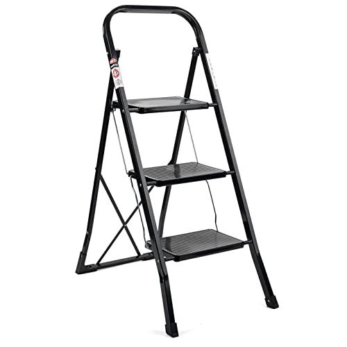 Delxo 3 Step Ladder Folding Step Stool Ladder with Handgrip Anti-Slip Sturdy and Wide Pedal Multi-Use for Household and Office Portable Step Stool Steel 330lbs Black (3 feet)