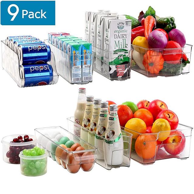 Cadriy Refrigerator Organizer Bins - Stackable Fridge Organizers for Freezer, Kitchen, Countertops, Cabinets - Clear Plastic Pantry Storage Racks [Set Of 9]